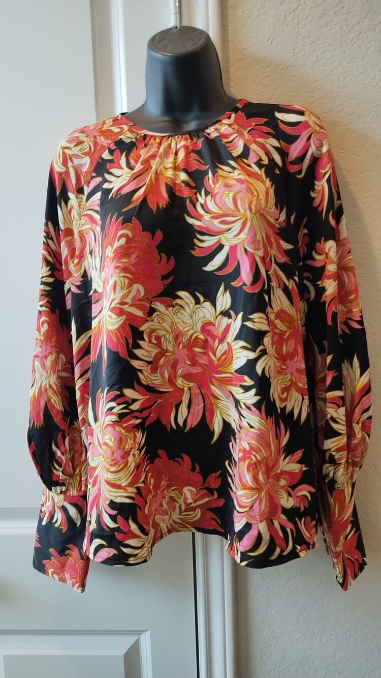 Who What Wear Women's Balloon Sleeves Blouse Black pink Floral sz Large tops